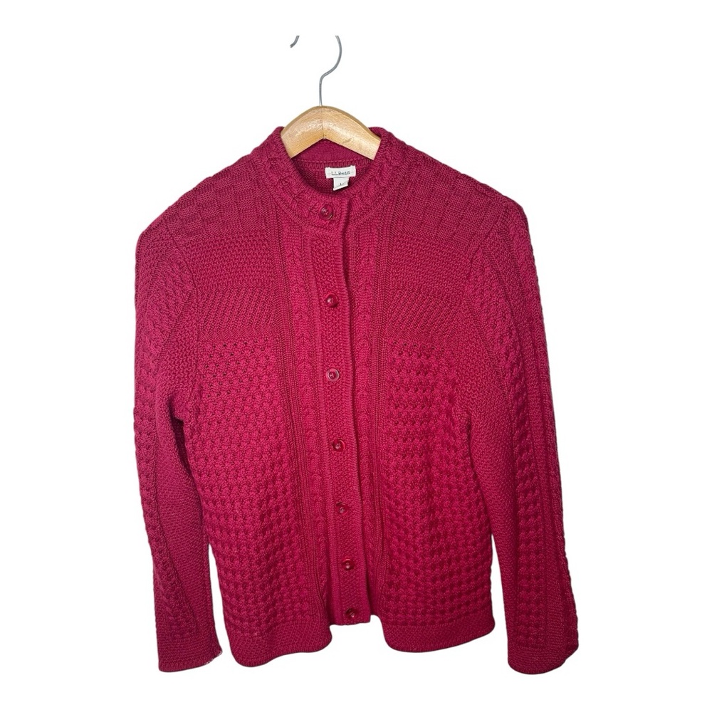 L.L. Bean Stitchworks Cardigan Sweater Chunky Fisherman Knit Cotton Size Large